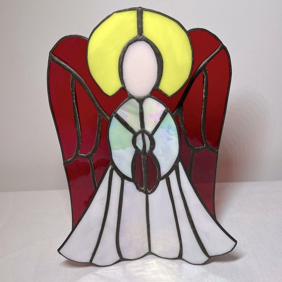Stained Glass Angel Red and Yellow. 11.5” tall. Stunning vibrant free-standing - Picture 1 of 6